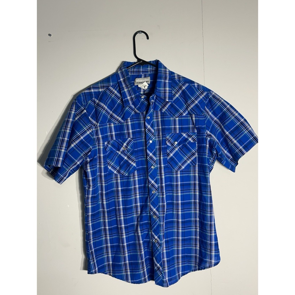 Wrangler Wrancher Men's Short Sleeve Pearl Snap Shirt Large Blue Plaid Western